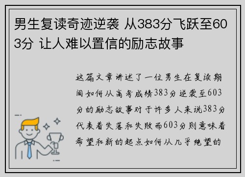 男生复读奇迹逆袭 从383分飞跃至603分 让人难以置信的励志故事
